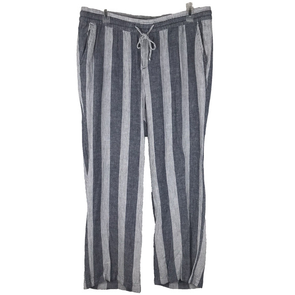 Old Navy Mid Rise Linen Blend Pants Drawstring Pockets Blue White Stripe Large - Picture 1 of 8